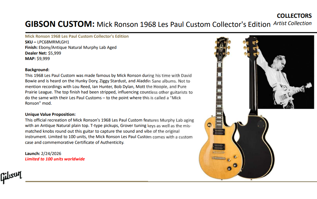 Gibson 68' Les Paul Custom Mick Ronson Signature Electric Guitar - Antique Natural