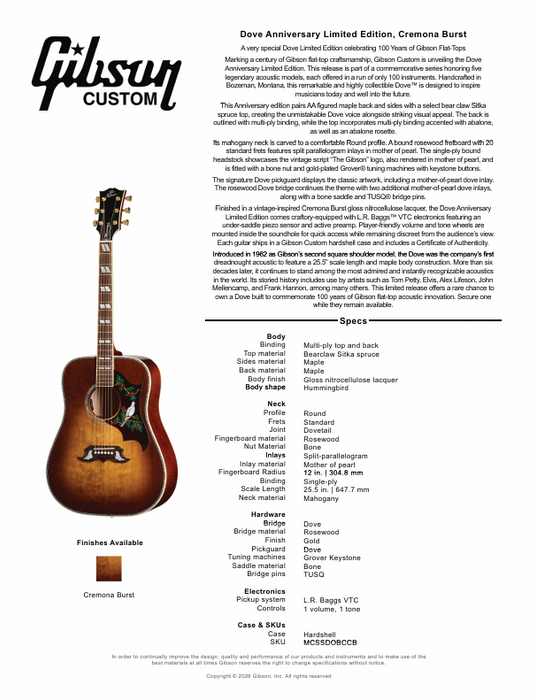Gibson Dove 100 Year Anniversary - Limited Edition Acoustic-Electric Guitar - Cremona Burst