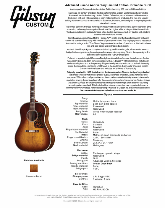 Gibson Advanced Jumbo 100 Year Anniversary - Limited Edition Acoustic-Electric Guitar - Cremona Burst